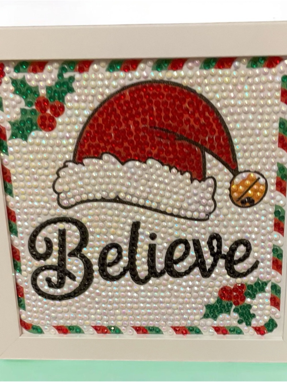 Handmade Diamond Art "Believe" Christmas Frame | Santa Hat Holiday Decor Sealed
